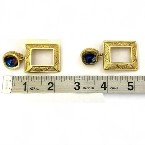 GIVENCHY Modernist Square Open Gold Frame Earrings & Blue Cabochon Stones - Picture 5 of 6